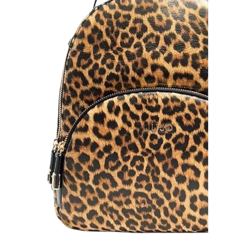 Liu Jo black leopard print polyurethane backpack with black zipper and metallic hardware and zip pockets