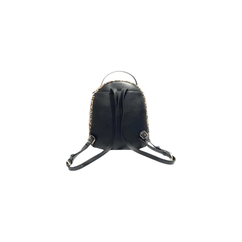 Liu jo black leather backpack with leopard print trim silver toned top handle and zip pockets in polyurethane