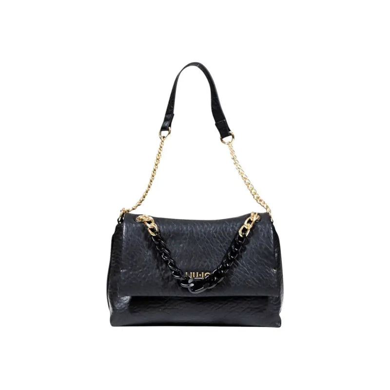 Black textured leather shoulder bag with gold chain strap and black resin embellishment