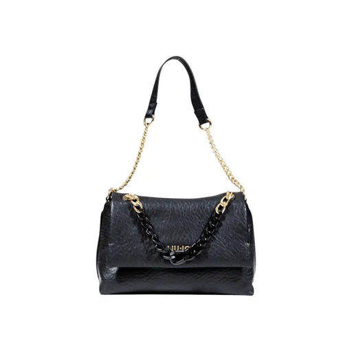 Black textured leather shoulder bag with gold chain strap and black resin embellishment