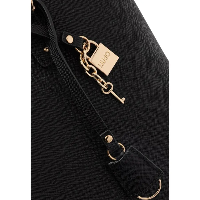 Liu jo black polyurethane handbag featuring a black textured leather strap with gold-tone lock and key charm