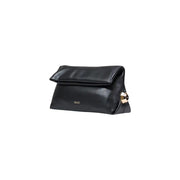 Liu Jo black polyurethane handbag with interior pocket featuring a black leather clutch and gold-tone geometric clasp