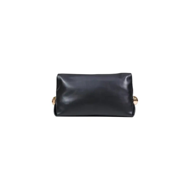 Liu Jo black polyurethane handbag featuring a black leather clutch design with gold-tone spherical handles and interior pocket