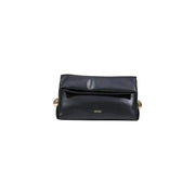 Liu Jo black glossy leather clutch with gold-tone spherical handles and minimalist logo embossed on the front