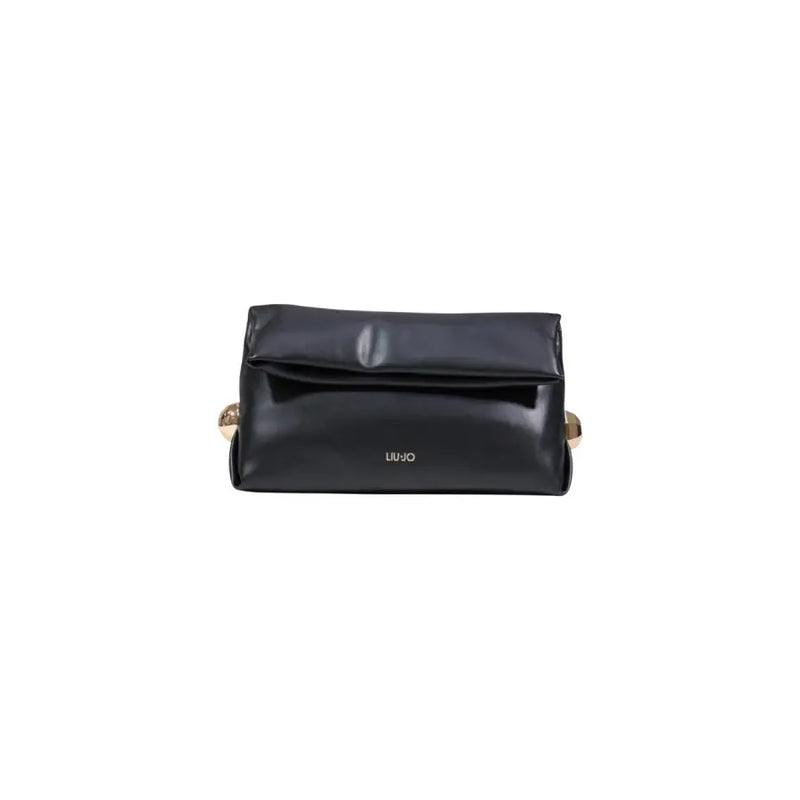 Liu Jo black glossy leather clutch with gold-tone spherical handles and minimalist logo embossed on the front