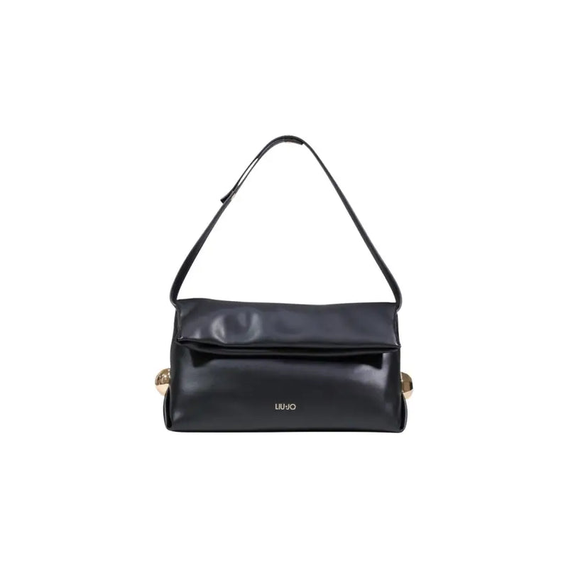Liu jo black polyurethane shoulder bag with glossy leather finish and gold-tone spherical hardware accents
