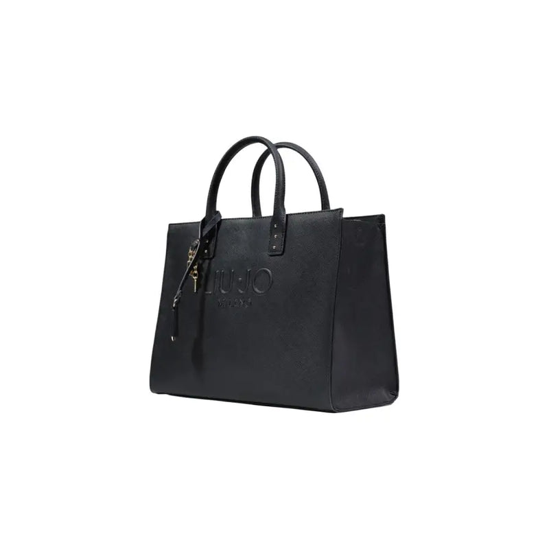 Liu jo black leather tote bag with embossed logo and matching handles in polyurethane with shoulder strap