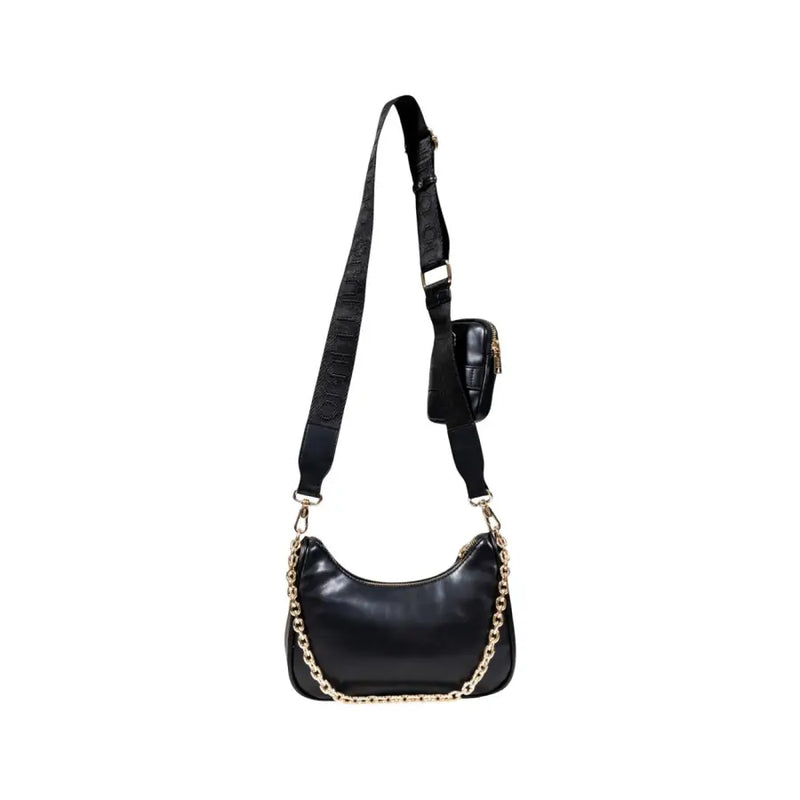 Black leather shoulder bag with gold chain and attached pouch, Liu Jo polyurethane accessory