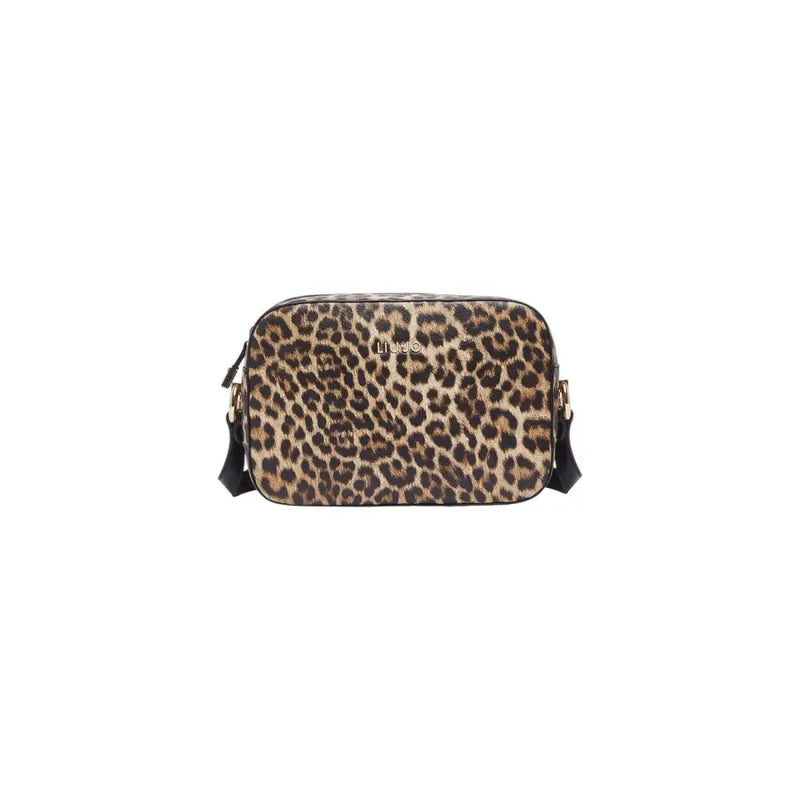 Liu Jo brown leopard print camera bag with black straps, gold-tone hardware, and zip pocket for shoulder wear