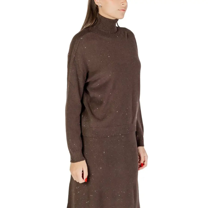 Liu jo brown polka dot turtleneck knitwear for women brown sparkly knit sweater with ribbed cuffs and hem