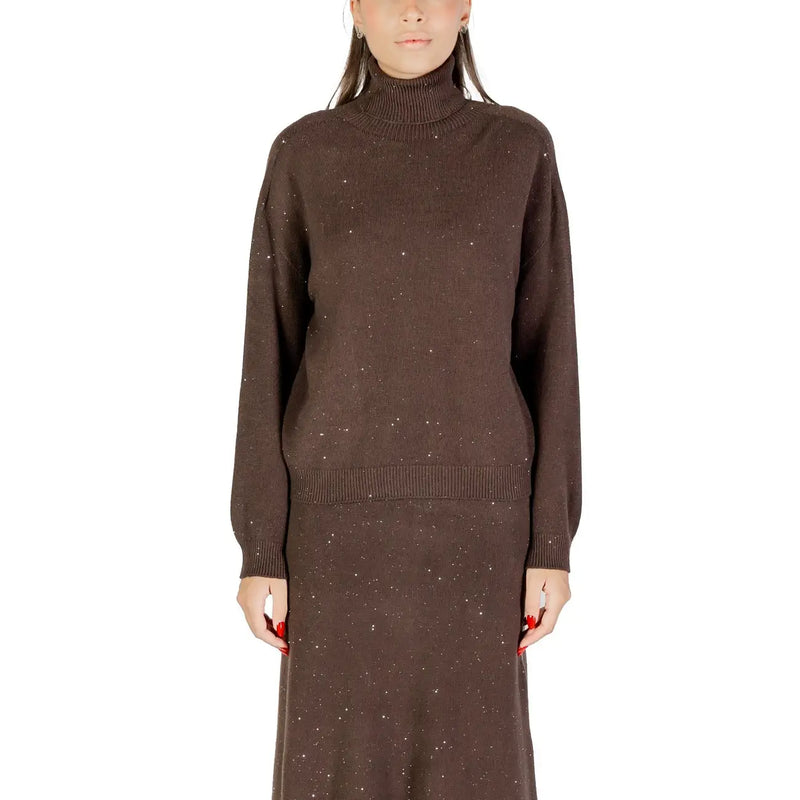Liu Jo brown polka dot turtleneck knitwear for women made of sparkly knit with ribbed cuffs and hem