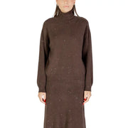 Brown knit turtleneck sweater and matching skirt with subtle sparkle details for women
