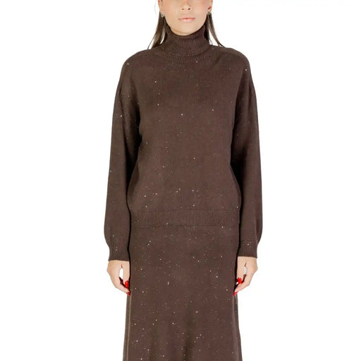 Brown knit turtleneck sweater and matching skirt with subtle sparkle details for women