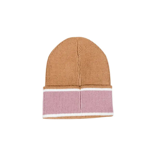 Tan ribbed knit beanie with pink and white striped cuff for Liu Jo Camel Print Rhinestone Cap