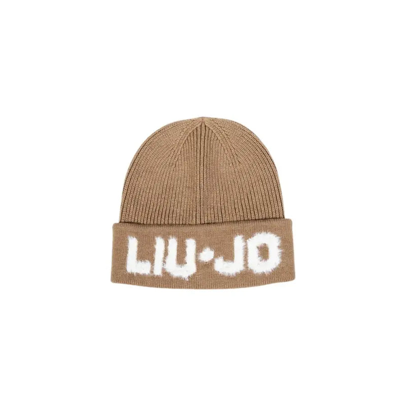 Ribbed knit beige wool blend winter cap with white embroidered Liu Jo logo