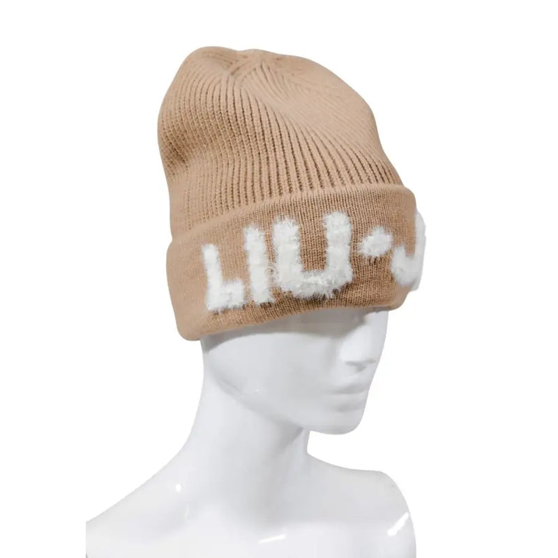 Tan knitted beanie with a white fluffy text band from Liu Jo Camel Print Wool Blend Winter Cap