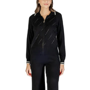 Liu jo long black zip knit cardigan for women with white diagonal stitch accents and ribbed cuffs