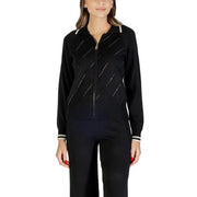 Liu jo long black zip knit cardigan for women with white diagonal stitch accents and ribbed cuffs