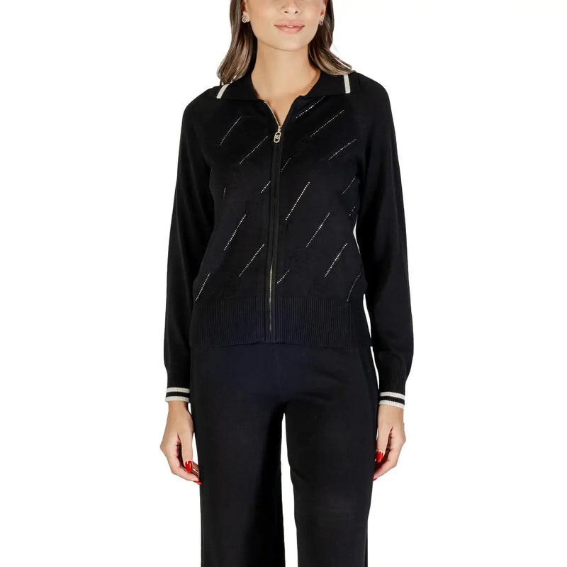 Liu jo long black zip knit cardigan for women with white diagonal stitch accents and ribbed cuffs