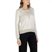 Light beige long-sleeve V-neck sweater with gray patterned undershirt for women
