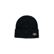 Black knitted beanie with scattered embellishments and silver metal logo cuff for women