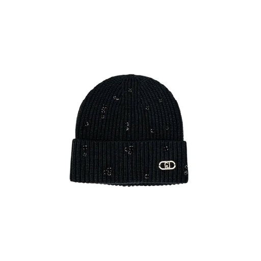 Black knitted beanie with scattered embellishments and silver metal logo cuff for women