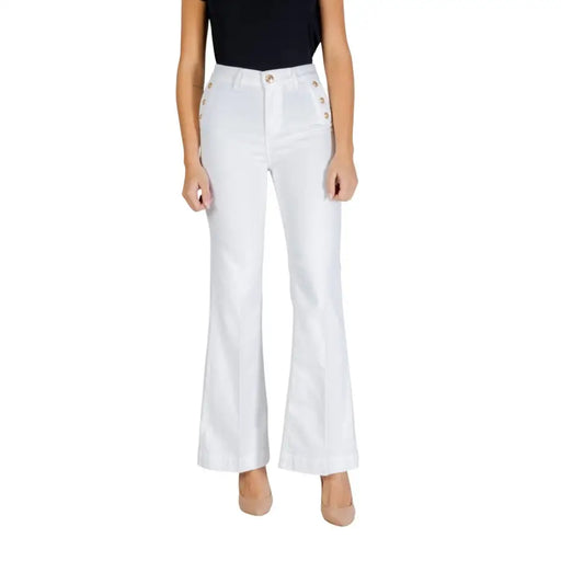Liu Jo white cotton blend flared trousers with gold-tone side buttons