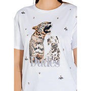 Liu Jo white cotton t-shirt with bold leopard and dalmatian graphic and rhinestone collar accents with glittery dudes lettering