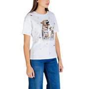 Liu Jo white cotton t-shirt with short sleeves and rhinestone print detail featuring two leopards design