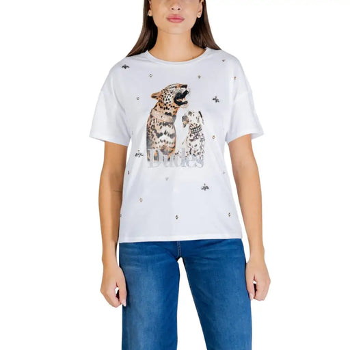 Liu Jo white cotton t-shirt with rhinestone leopard and dalmatian print