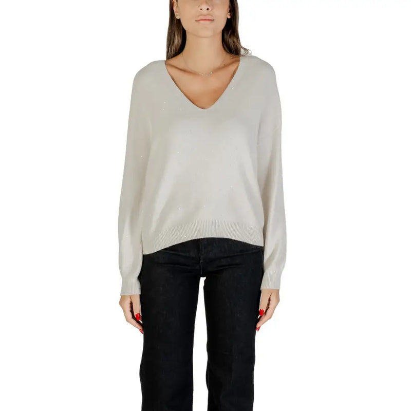 Women’s light beige V-neck long-sleeve knit sweater with rhinestone trim from Liu Jo White
