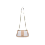 Liu Jo white shoulder bag in beige and white with embossed texture and chain strap featuring automatic buttons