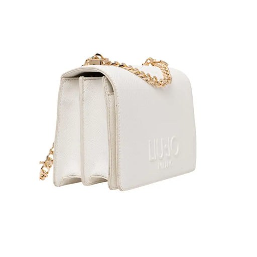 Liu Jo white shoulder bag with zip closure featuring textured leather finish and gold-tone chain crossbody strap