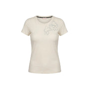 Liu Jo women beige cotton short sleeve t shirt with round neck and delicate silver floral embroidery on the chest