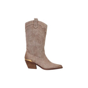Liu Jo women beige leather ankle boots with block heel wooden sole suede and stitched decorative patterns