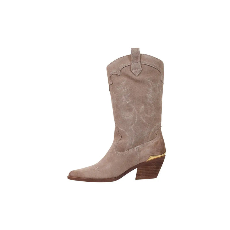 Liu Jo women beige leather ankle boots with beige suede cowboy design, stitched floral embroidery, and gold block heel