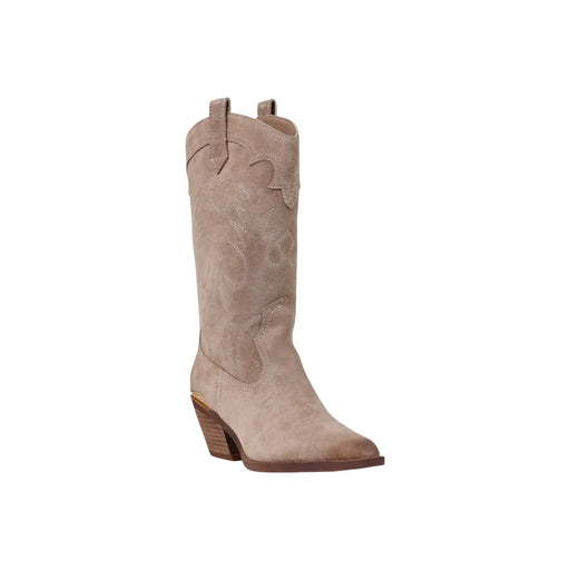 Liu Jo Beigefarbene Damen-Ankle-Boots aus Leder mit Blockabsatz, Wildleder-Blumenstickerei und Holzblockabsatz