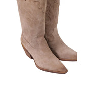 Liu Jo women beige leather block heel ankle boots with tan suede cowboy design and stitched floral patterns