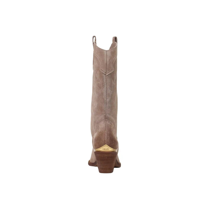 Tan suede cowboy boot with stitched patterns and gold-tone heel tab featured in liu jo beige leather block heel ankle boots