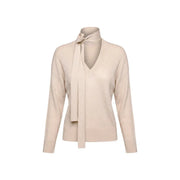 Beigefarbener Rippstrickpullover mit V-Ausschnitt und Schleifenkragen aus Viskosemischung von Liu Jo Women