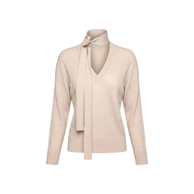 Beigefarbener Rippstrickpullover mit V-Ausschnitt und Schleifenkragen aus Viskosemischung von Liu Jo Women