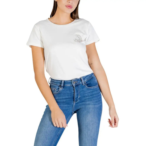 Liu Jo Damen schwarzer Baumwoll-Rundhalsausschnitt t-shirt mit Silberstickerei