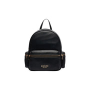 Schwarzes Kunstleder Liu Jo Damenrucksack mit goldfarbenen Reißverschlüssen und Vordertasche Liu Jo Milano-Logo