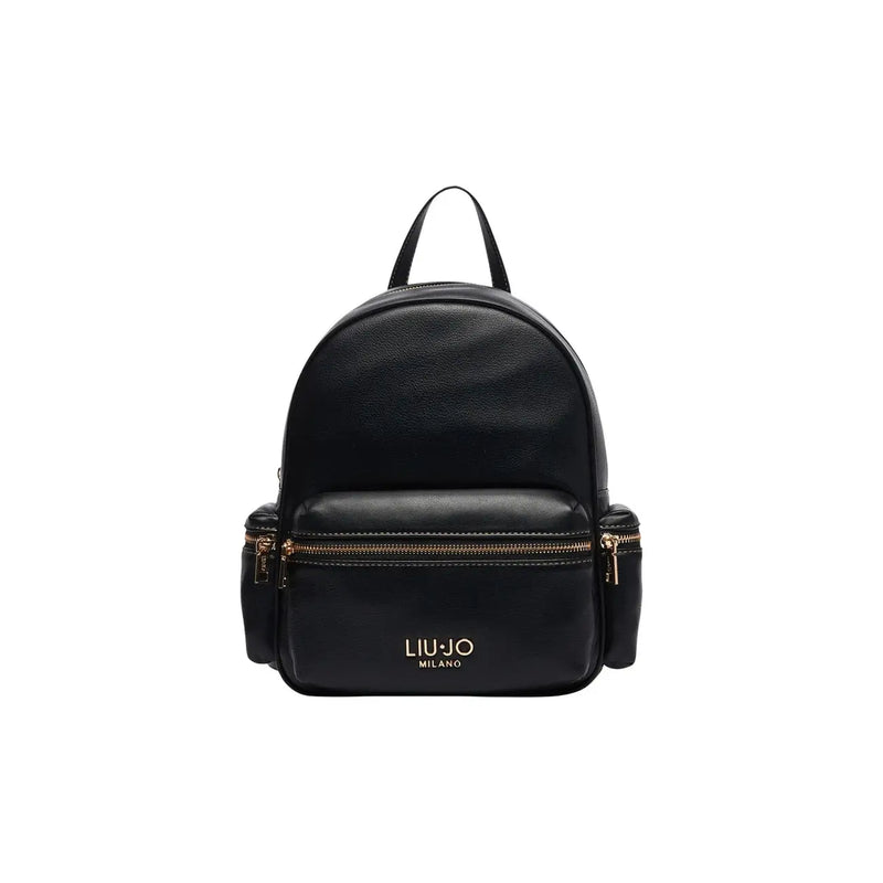 Schwarzes Kunstleder Liu Jo Damenrucksack mit goldfarbenen Reißverschlüssen und Vordertasche Liu Jo Milano-Logo