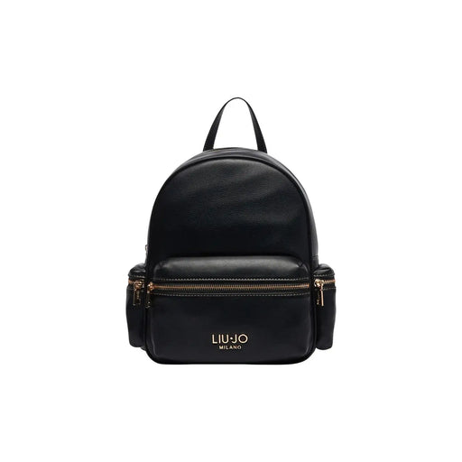 Schwarzes Kunstleder Liu Jo Damenrucksack mit goldfarbenen Reißverschlüssen und Vordertasche Liu Jo Milano-Logo