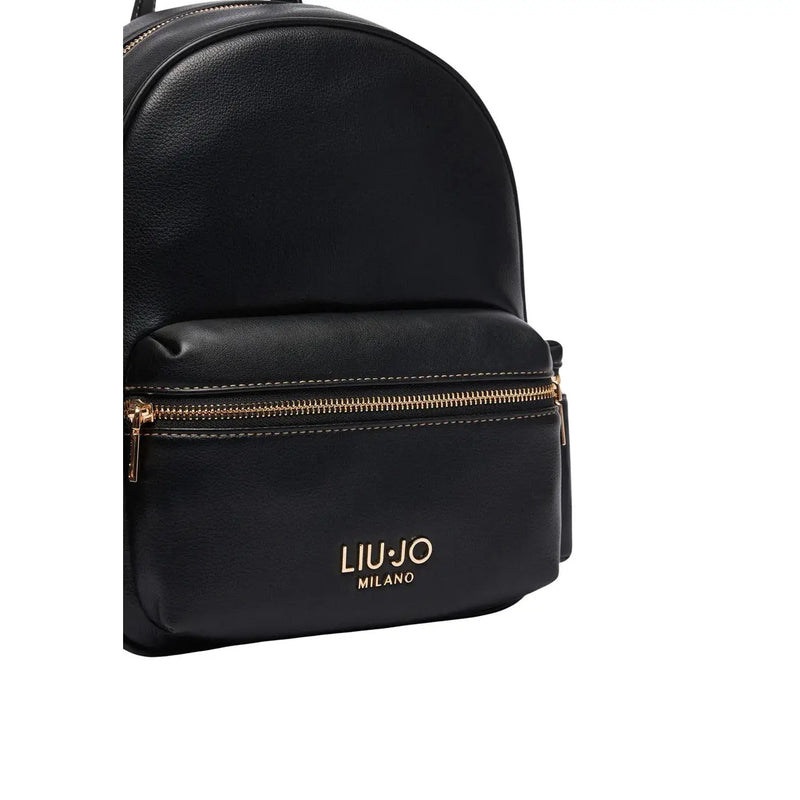 Liu Jo Schwarzer Damen-Rucksack aus Kunstleder, 30 cm, mit goldfarbenem Reißverschluss und Logo-Details, Vorderansicht