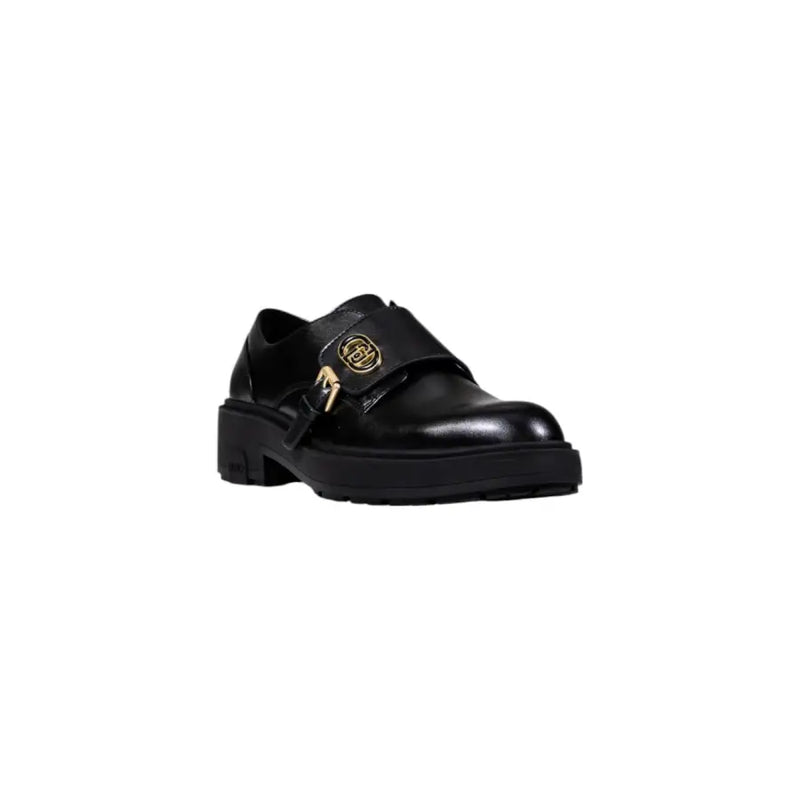 Liu jo women black faux leather monk strap shoe with gold tone logo buckle and chunky sole for fall winter use