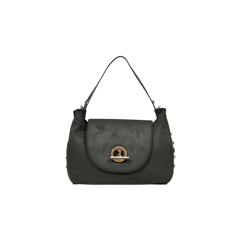 Liu jo women black handbag featuring dark green suede shoulder bag with gold-tone circular clasp and silver studs