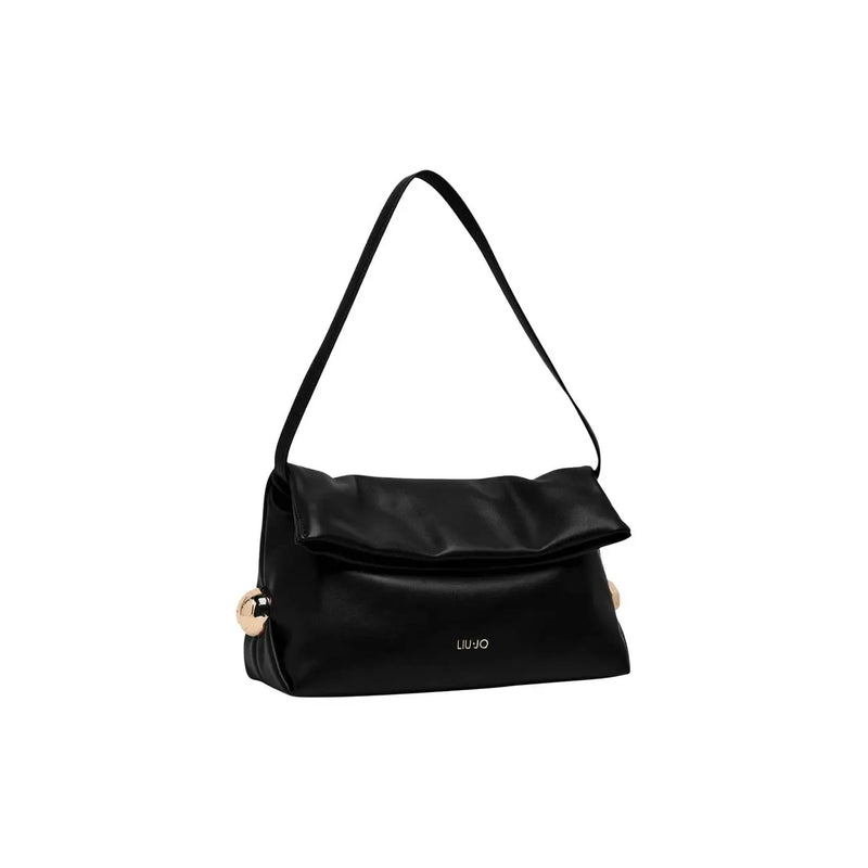 Liu Jo women black polyester shoulder bag with a sleek glossy finish and gold-tone circular hardware accents