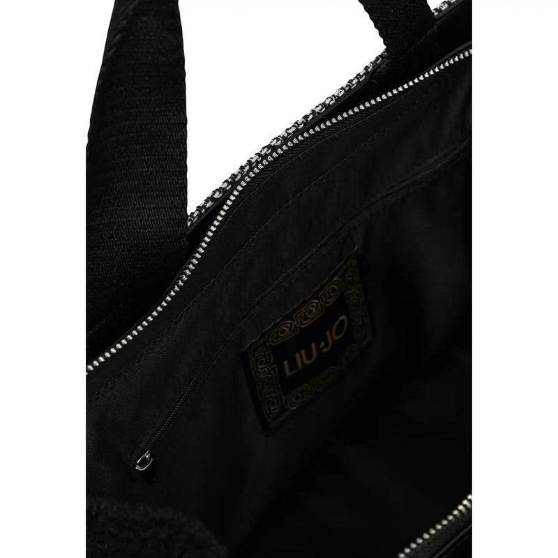 Liu jo women black polyester tote bag with textured fabric handles and silver toned zipper detailing 40x29x15 cm